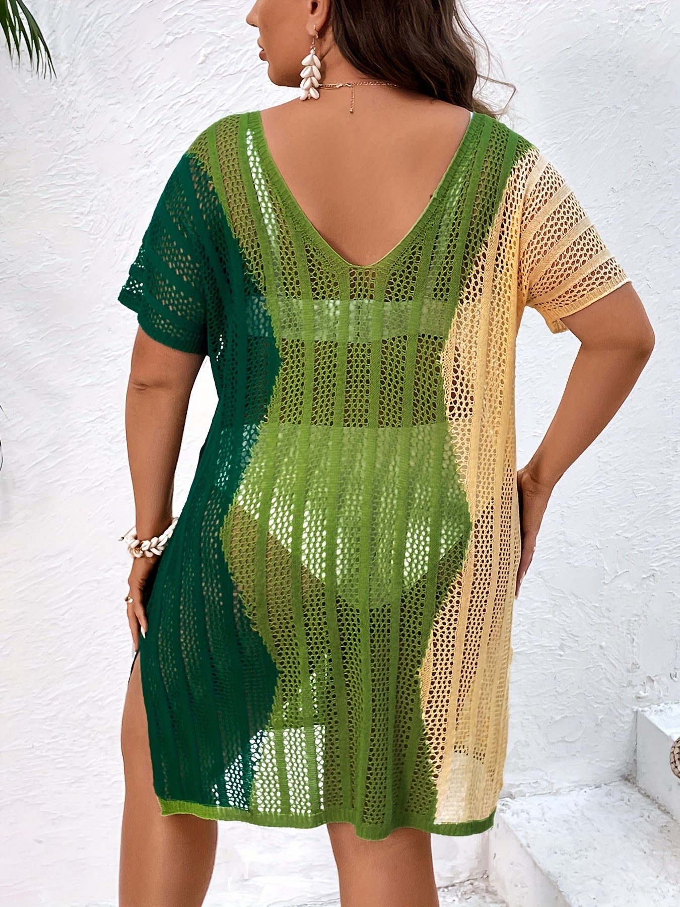 Colorblock Plus Size V Neck Cover Up Dress