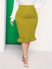 Solid High Rise Ruffle Trim Midi Skirt