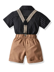 Boys Gentle Outfit Set: Striped Shirt & Suspender Shorts