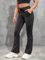 Dark Gray Yoga Pants Women Mid Waist Drawstring Pockets Fared Leg