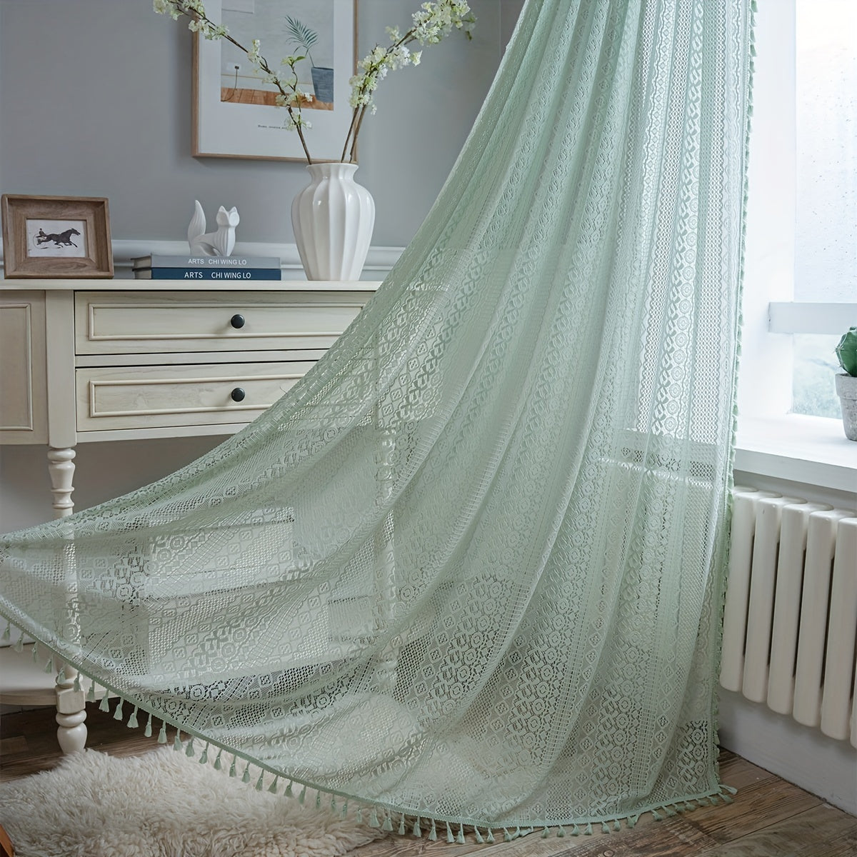 Green Translucent Curtain Rural Hollow Boho Macrame Tassels Window Drapes