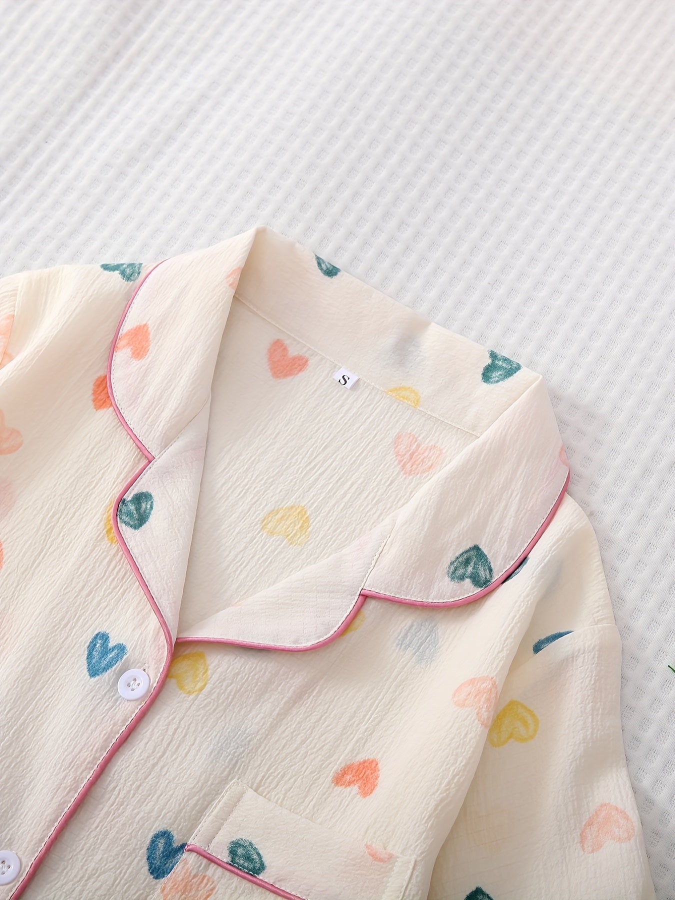 Heart Print Pajama Set Short Sleeve Lapel Buttons Top & Elastic Waistband Shorts