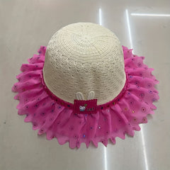 Kids Flower Lace Trim Sunscreen Straw Hat for Summer Beach