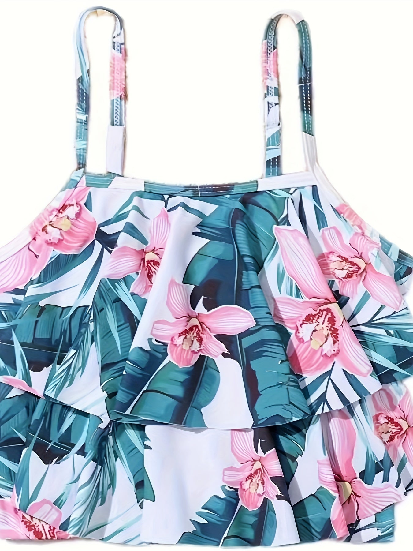 Girls Flower Graphic Swimwear Set Ruffle Trim Bathing Suit