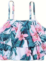 Girls Flower Graphic Swimwear Set Ruffle Trim Bathing Suit