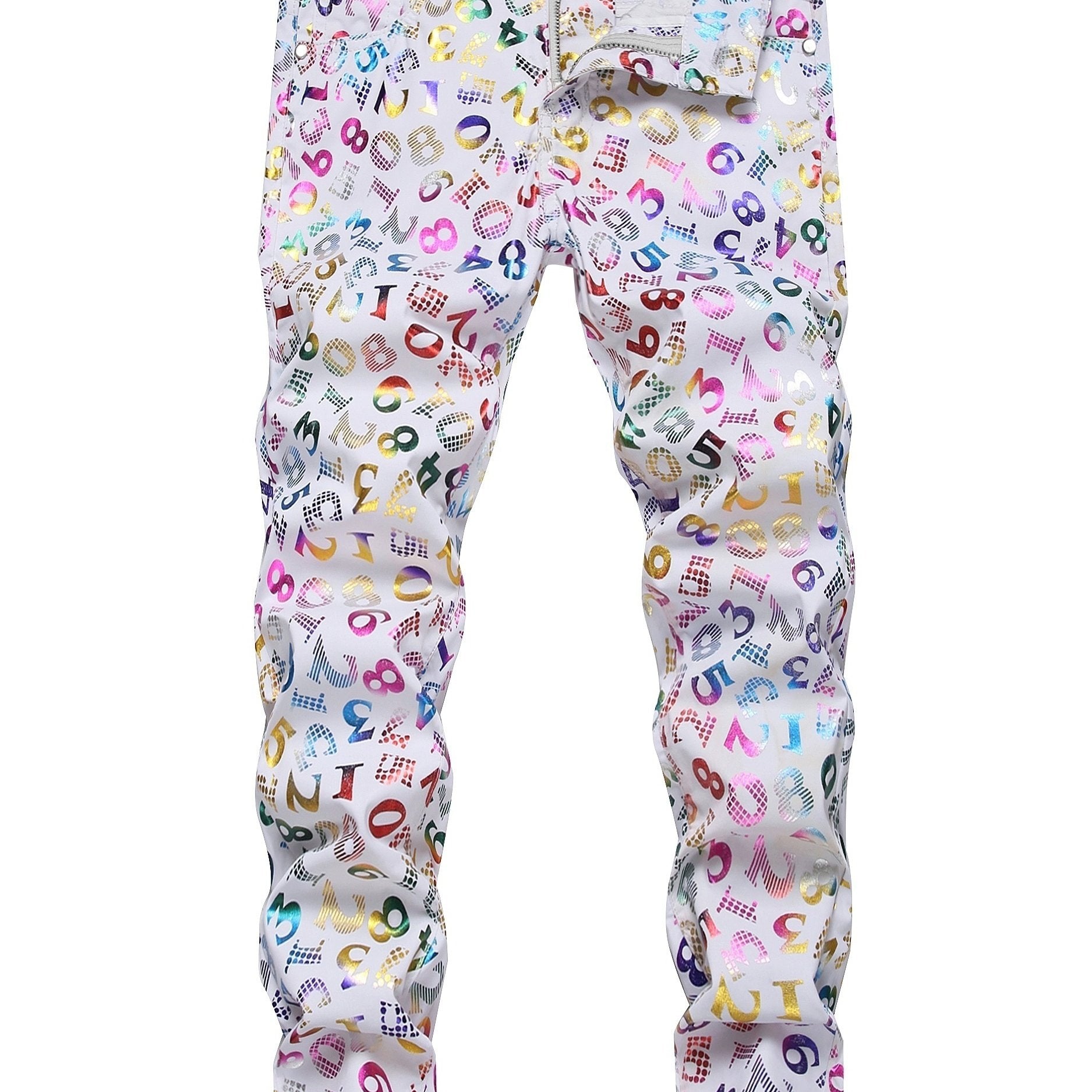 Boys Fluorescent Number Pattern Jeans Skinny Slim Fit Washed Denim Long Pants
