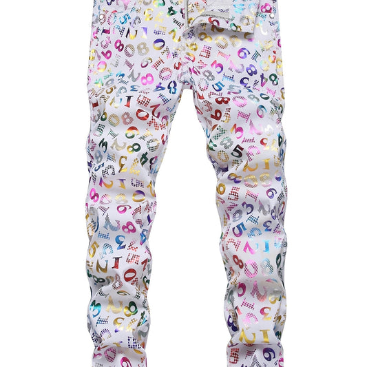 Boys Fluorescent Number Pattern Jeans Skinny Slim Fit Washed Denim Long Pants