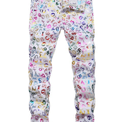 Boys Fluorescent Number Pattern Jeans Skinny Slim Fit Washed Denim Long Pants