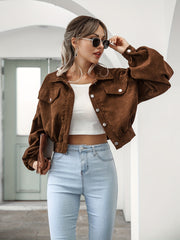 Casual Corduroy Crop Jacket Lantern Sleeve Loose Outerwear