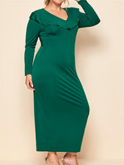 Solid Ruffle Trim V Neck Maxi Dress