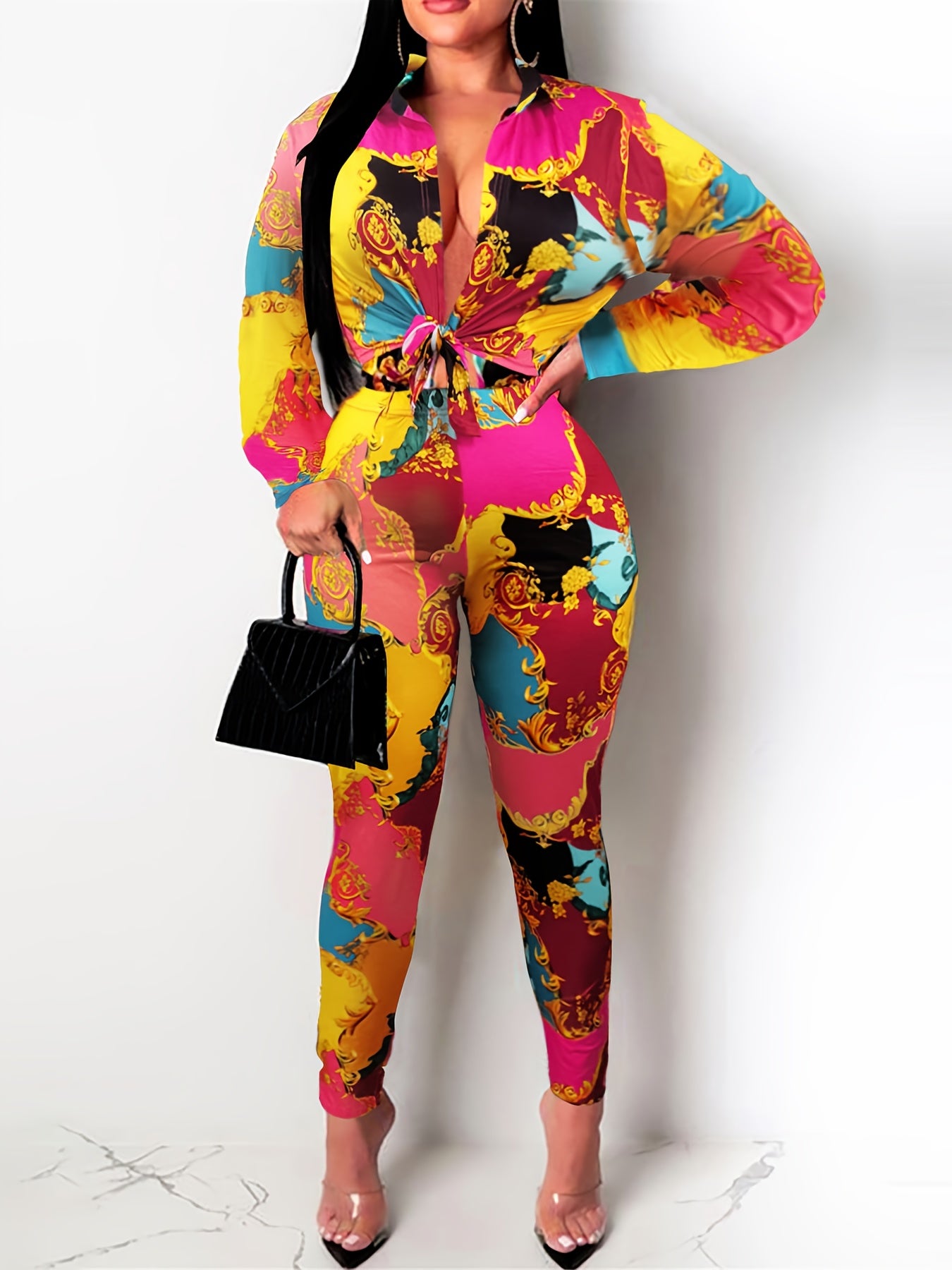 Baroque Print Blouse & Pants Set