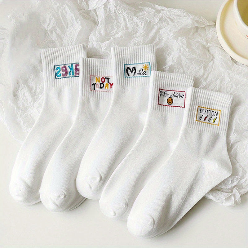 5 Pairs Letter Print Sports Socks Breathable Mid Tube Women's Stockings