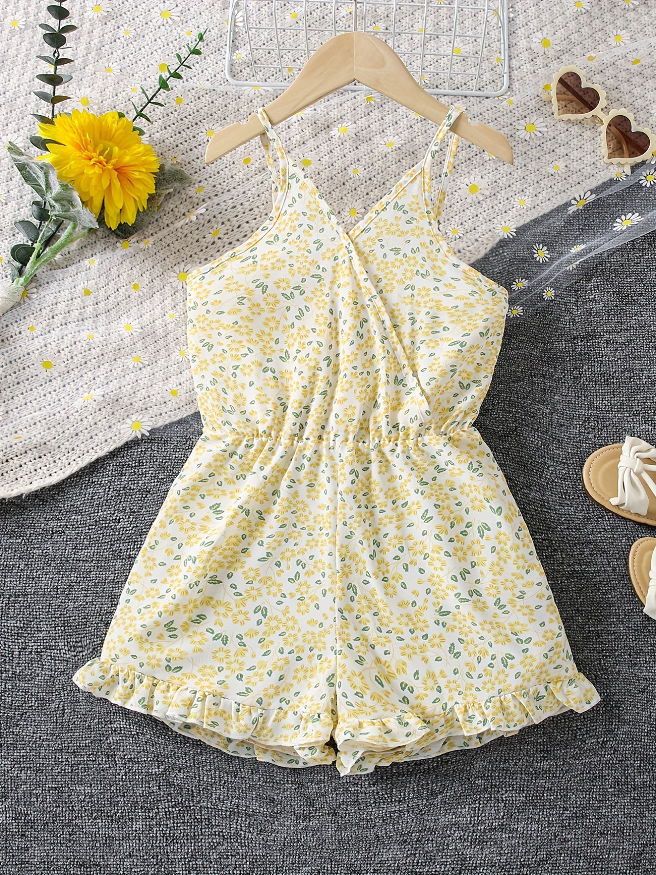 Girls Ditsy Floral & Rainbow Print Frilled Suspender Romper