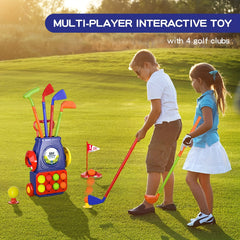 Kids Golf Set with Cart, Balls, Cornhole Board, Putting Mat