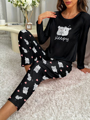 Koala Print Pajama Set Long Sleeve Crew Neck Top & Pants Women's Sleepwear