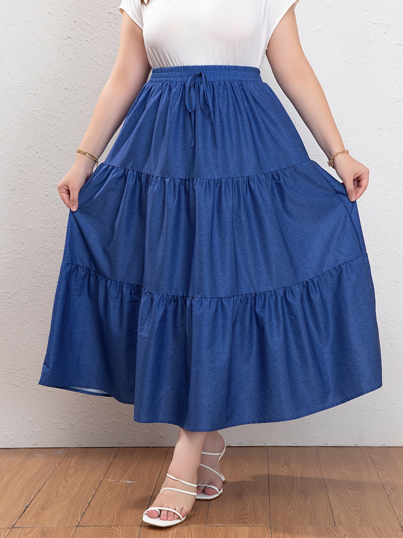 Women's Denim Print Drawstring Smock Skirt