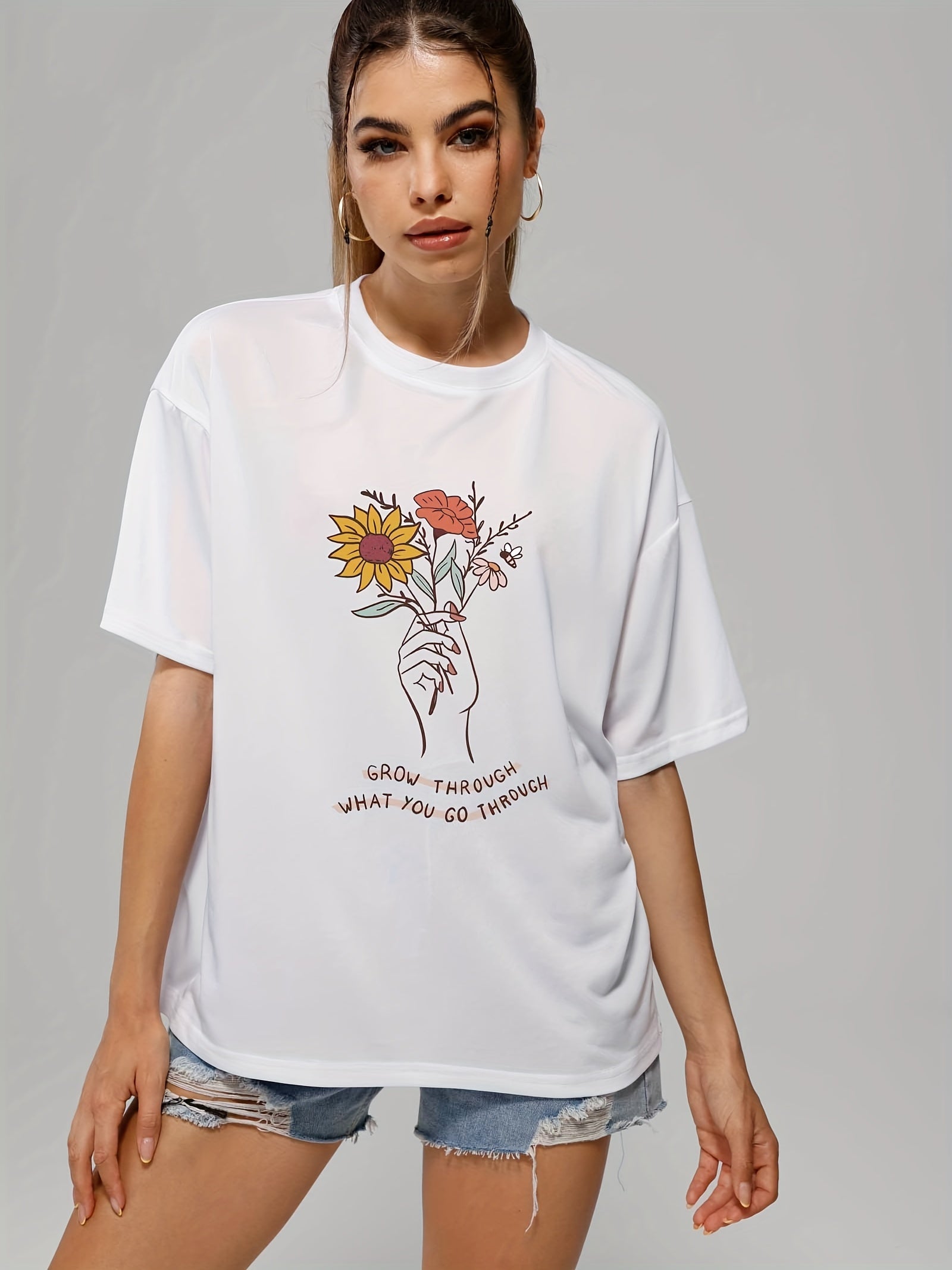 Finger Flower Letter Print Casual T shirts Women's Graphic Tee