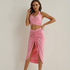 Sexy Two-piece Crop Top & Drawstring Skirt Set Women's Outfit