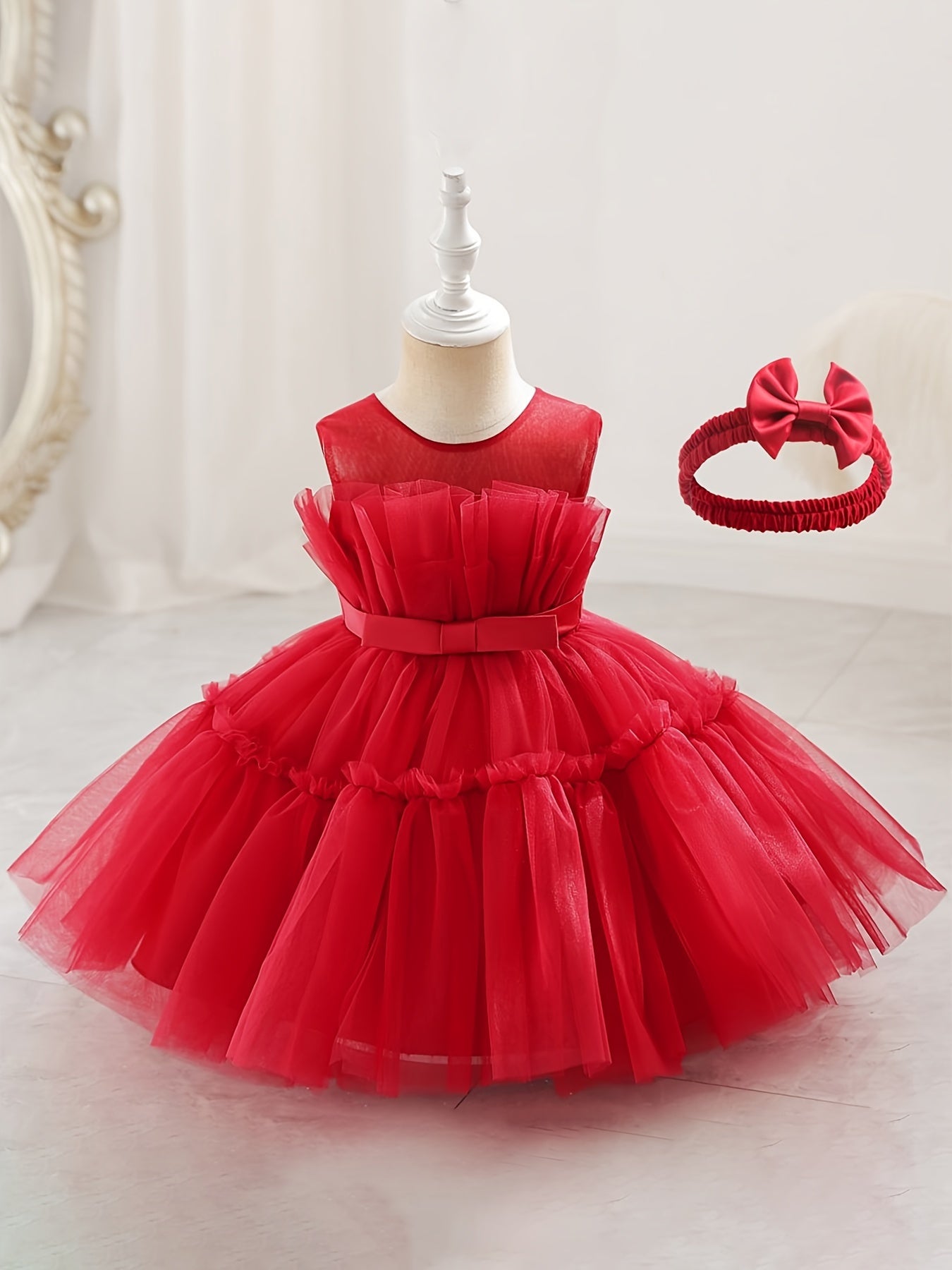 Girls Sleeveless Mesh Tutu Dress & Bow Headband Set for Party
