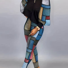 Patchwork Print 2pc Set Boat Neck Top & Skinny Pants Outfits Women's Clothing