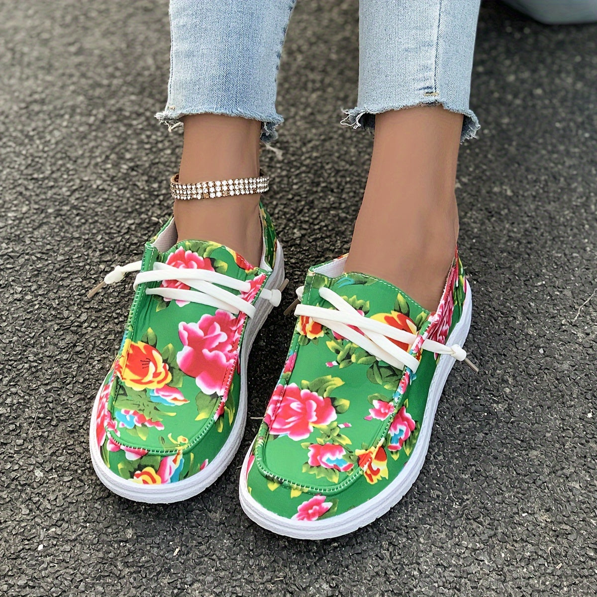 Chinese Flower Pattern Skate Shoes Lace-up Canvas