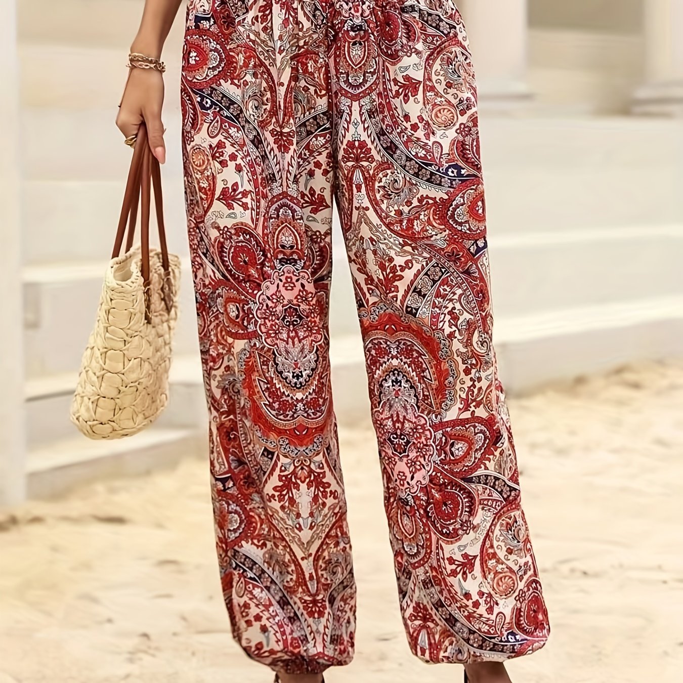 Print Shirred Waist Casual Loose Pants Spring & Summer