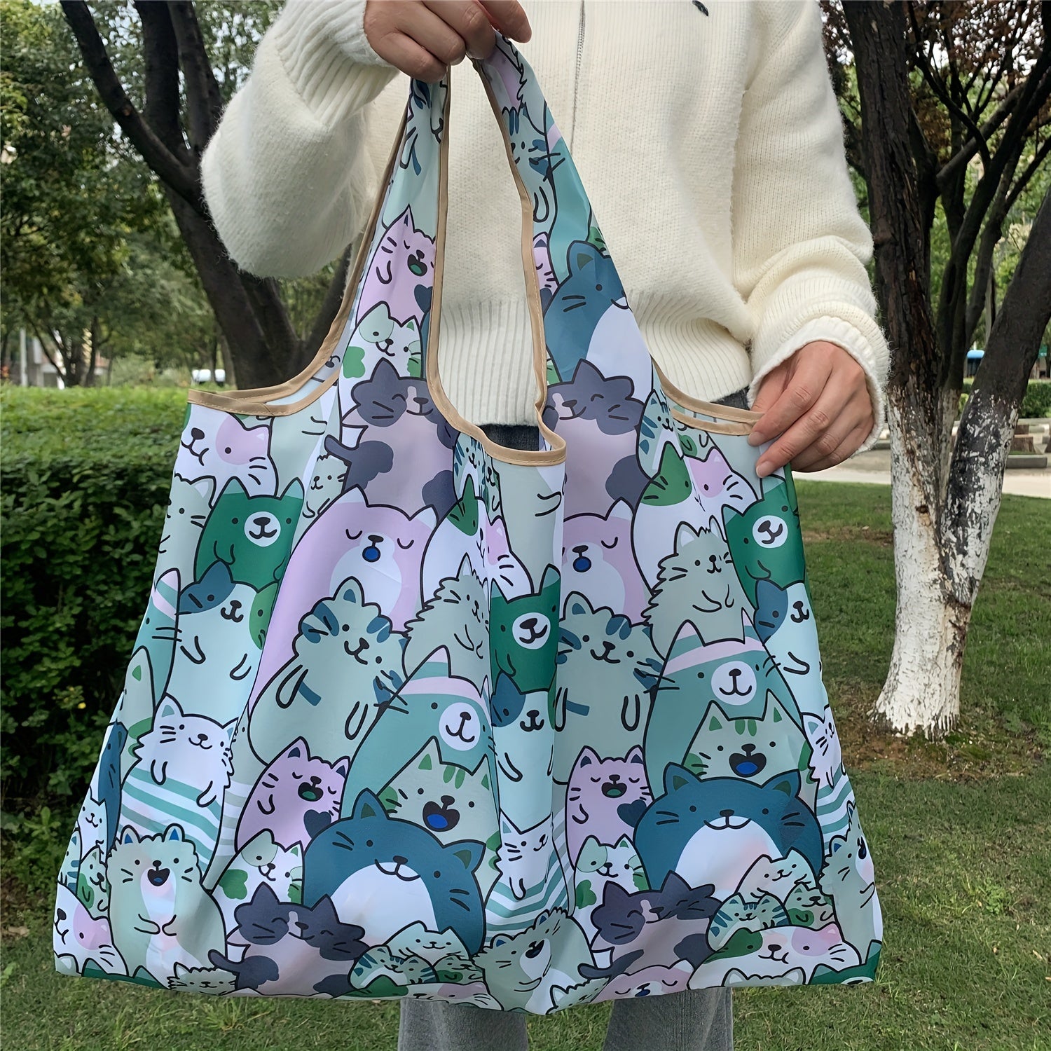 Cartoon Print Casual Tote Bag Large Capacity Foldable Shopping Shoulder Bag
