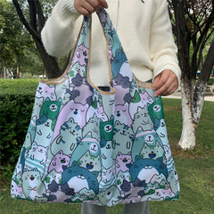 Cartoon Print Casual Tote Bag Large Capacity Foldable Shopping Shoulder Bag