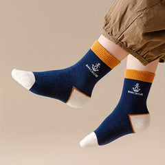 5 Pairs Boy's Cartoon Striped Crew Socks Comfy Casual Style Unisex