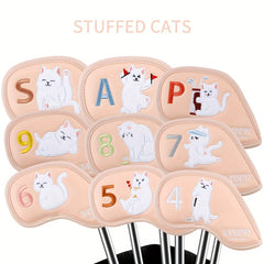 9pcs Plush Cat Golf Iron Head Cover Set - PU Waterproof Material