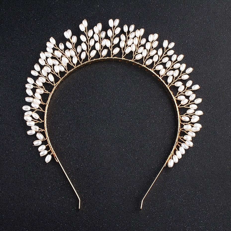 Faux Pearl Crown Hairband Party Decor Princess Tiara Wedding