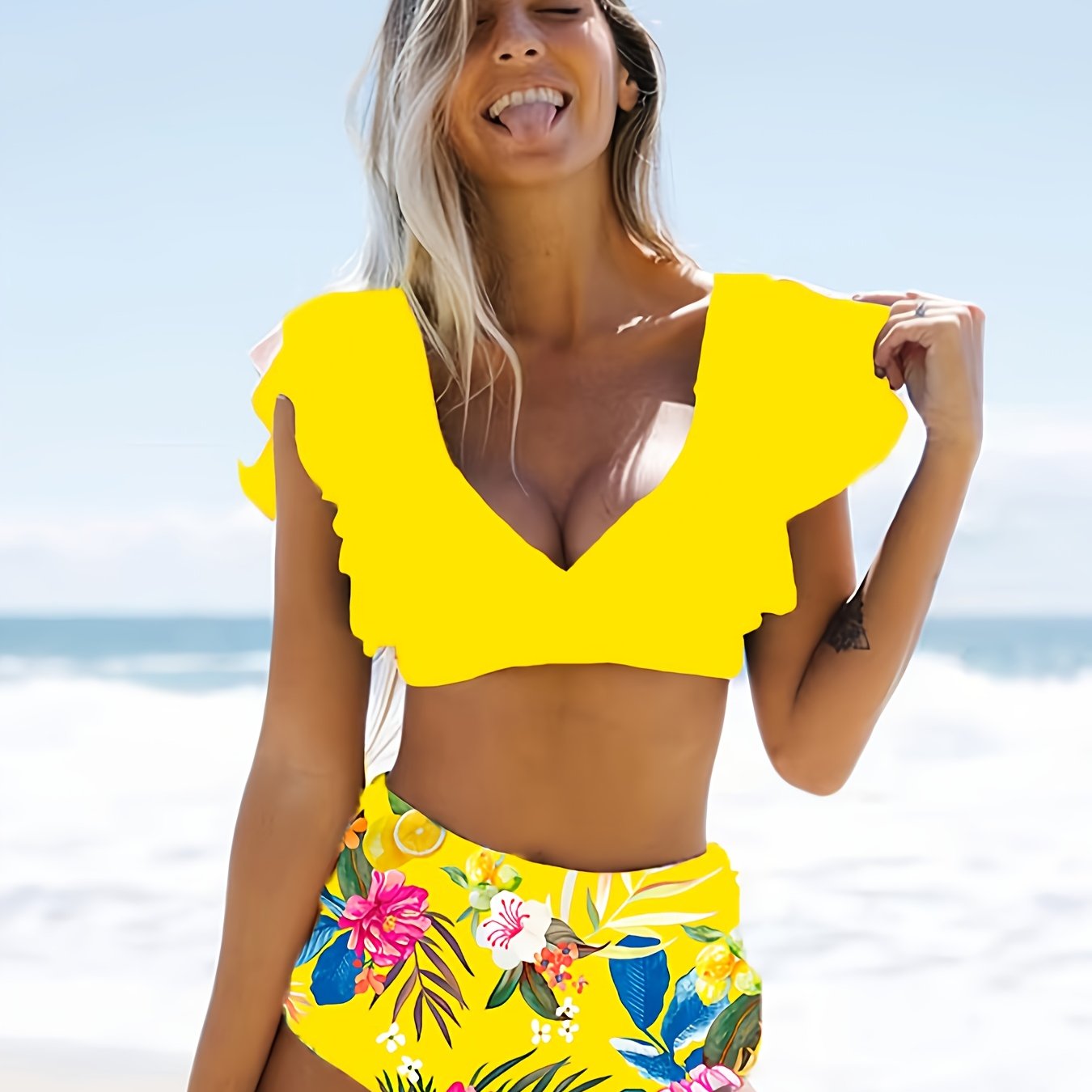 Floral Ruffled Strap Bikini Set High Waist Swimsuit