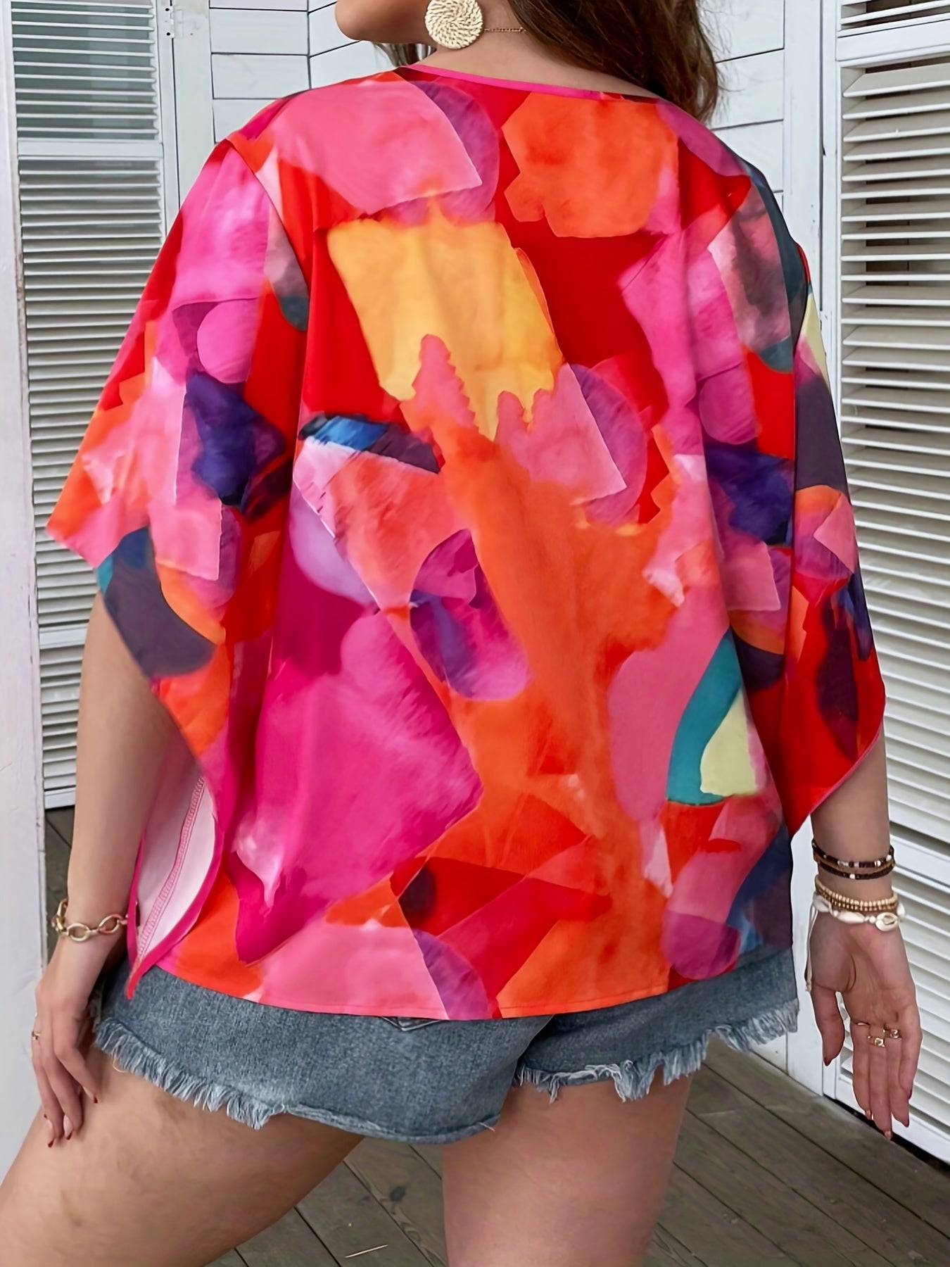 Colorblock Floral Print V Neck Top