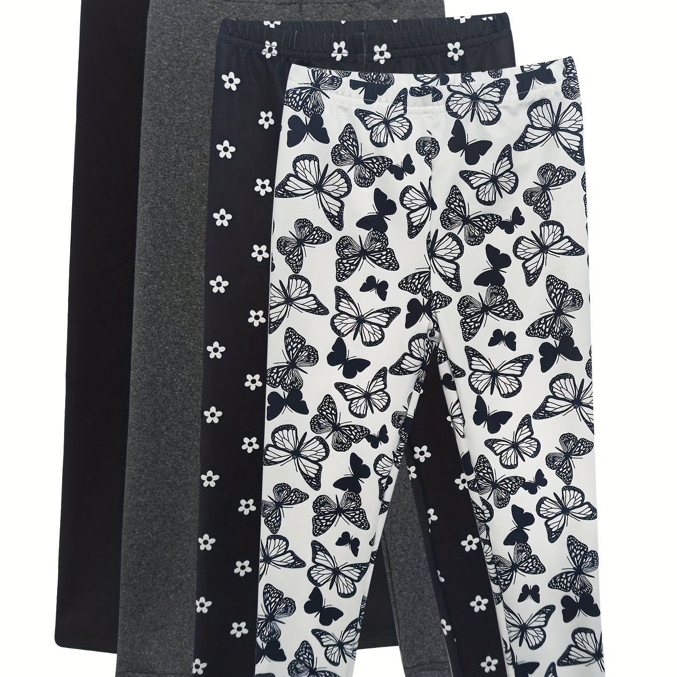 4pcs Girls' Full Print Stretch Skinny Legging Pants Butterfly Floral Print