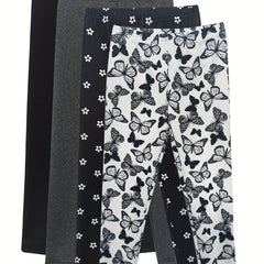 4pcs Girls' Full Print Stretch Skinny Legging Pants Butterfly Floral Print