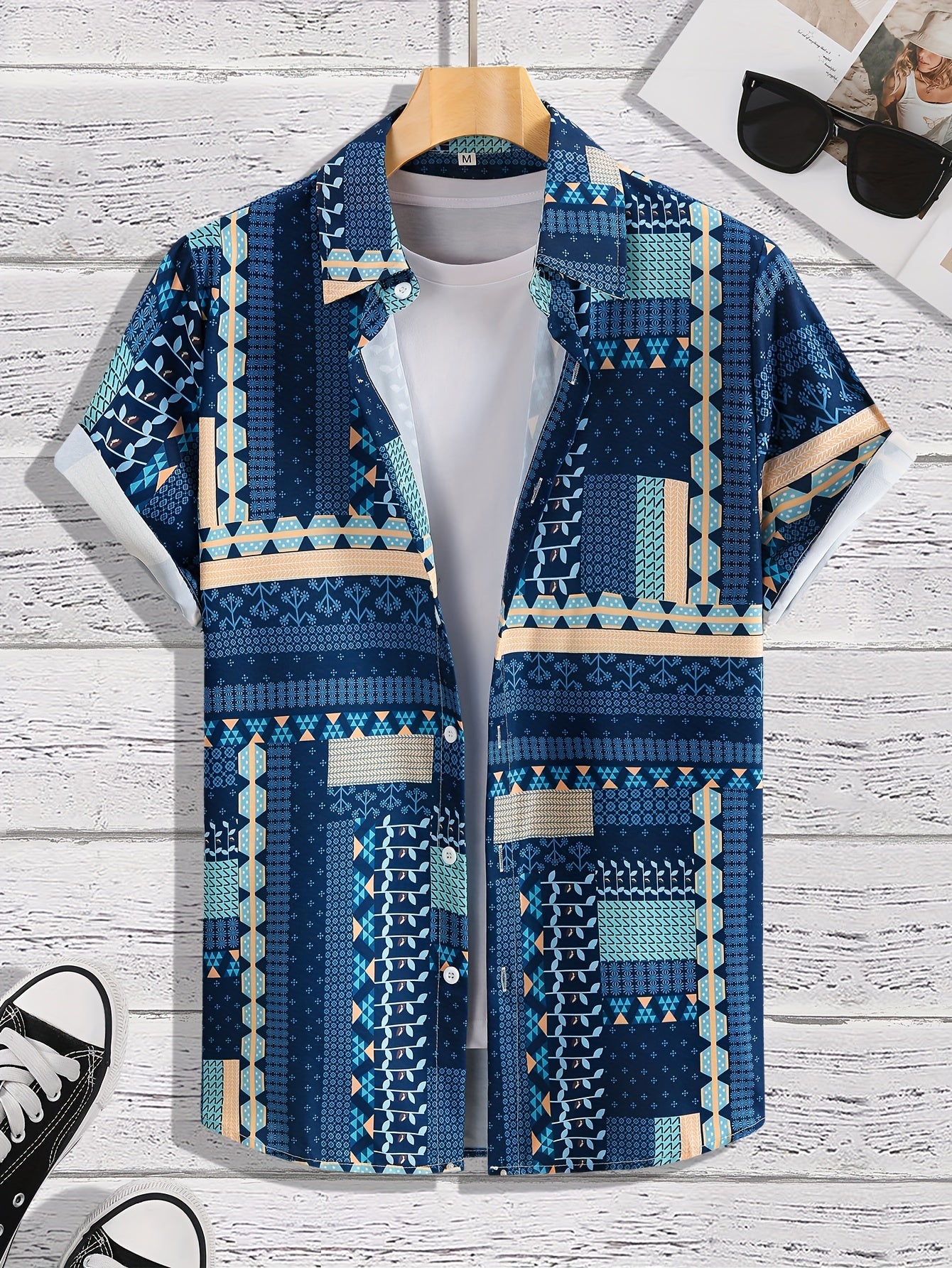 Geometric Pattern Short Sleeve Hawaiian Shirt for Summer Vacation