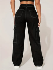 Loose Denim Cargo Pants Solid Zipper Button Closure Jeans