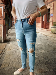 Ripped Holes Skinny Jeans Slim Fit Distressed High Stretch Denim Pants