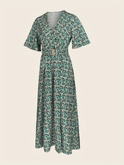 Boho Split Thigh Maxi Dress V Neck Short Sleeve