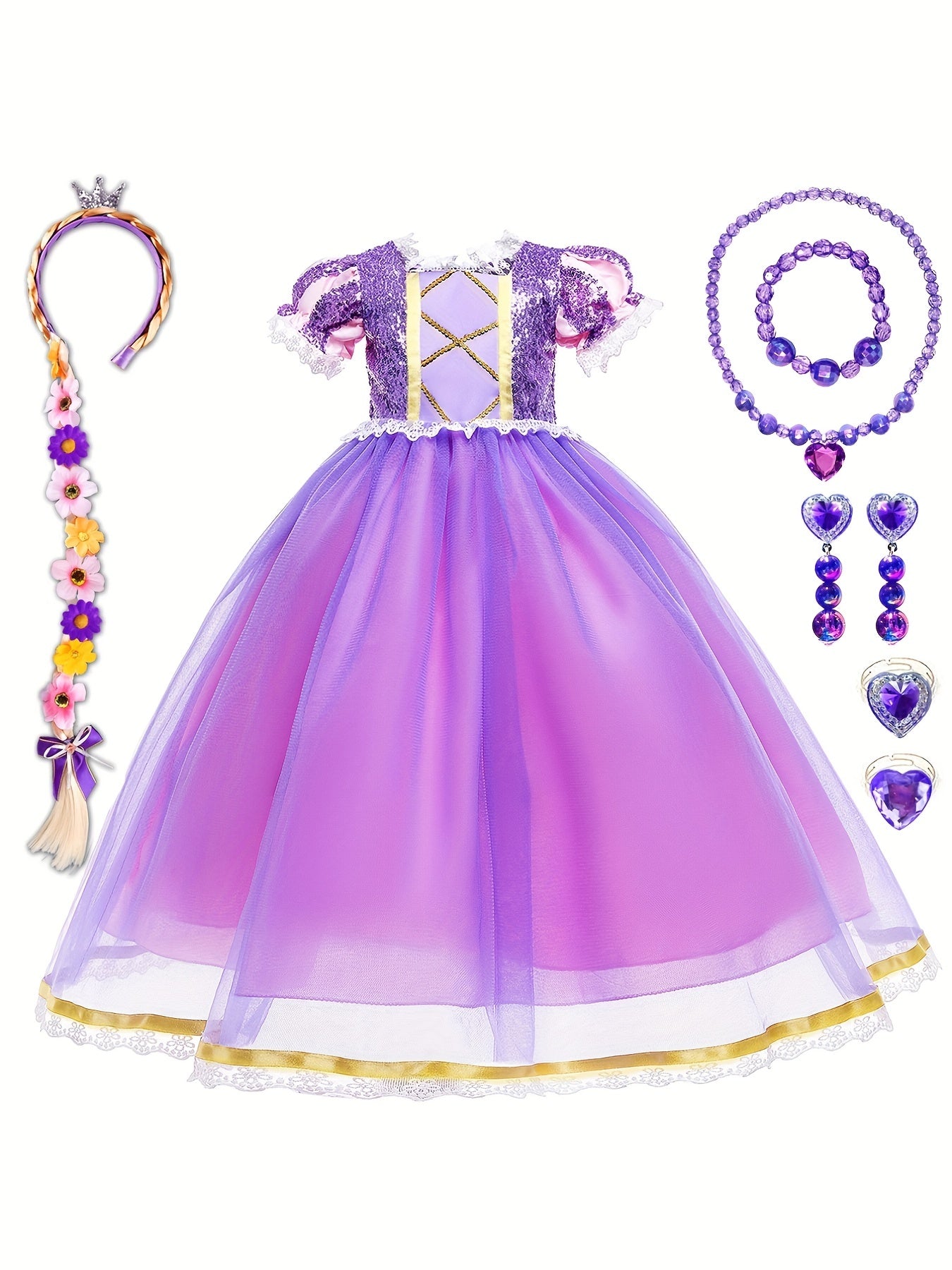 6pcs Girls Purple Princess Dress Costume Jewelry & Flower Hairband
