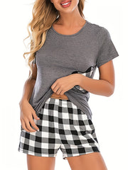 Plaid Print Lounge Set Crew Neck Short Sleeve Top & Elastic Waistband Shorts