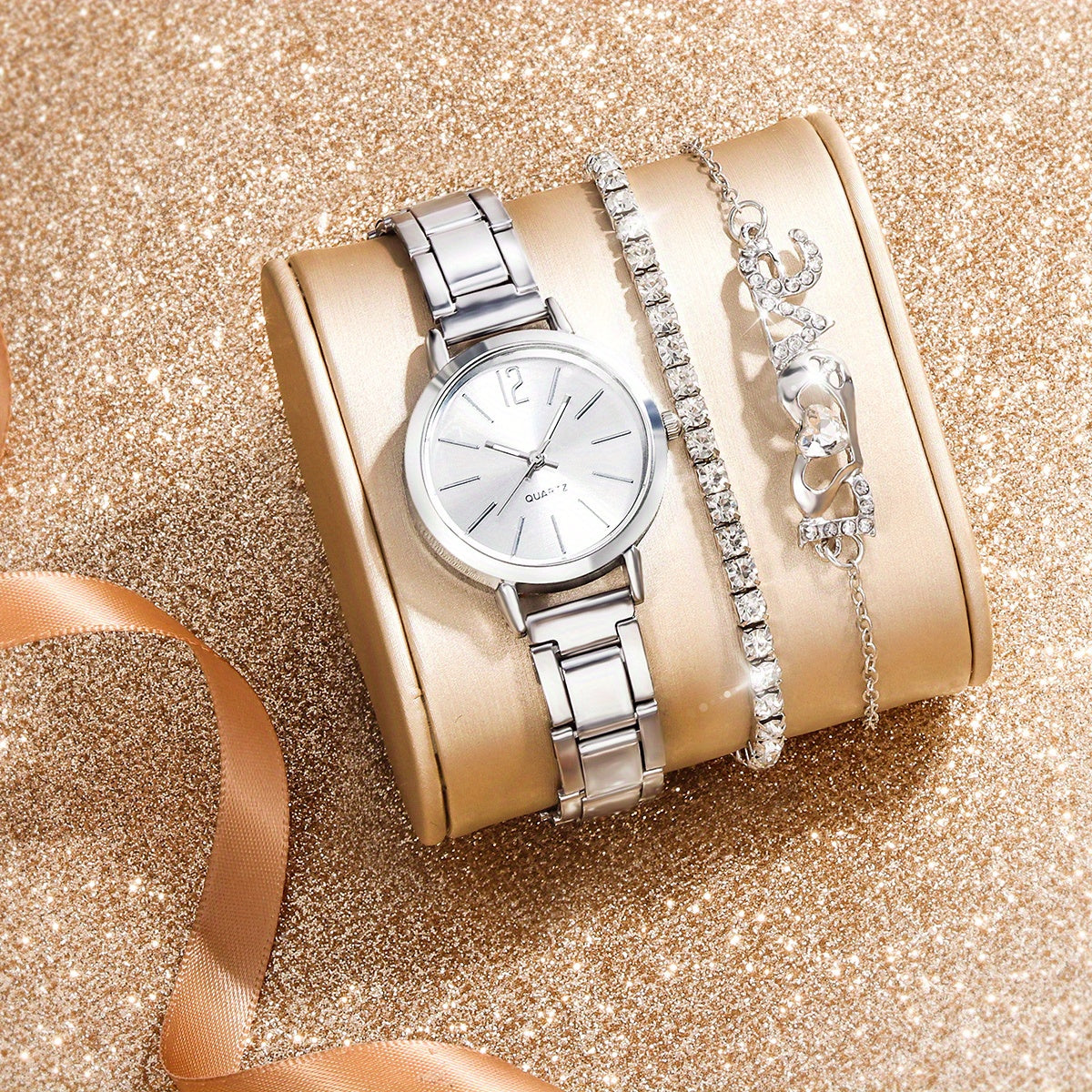 3pcs Small Fresh Alloy Children's Watch Rhinestone Jewelry Set