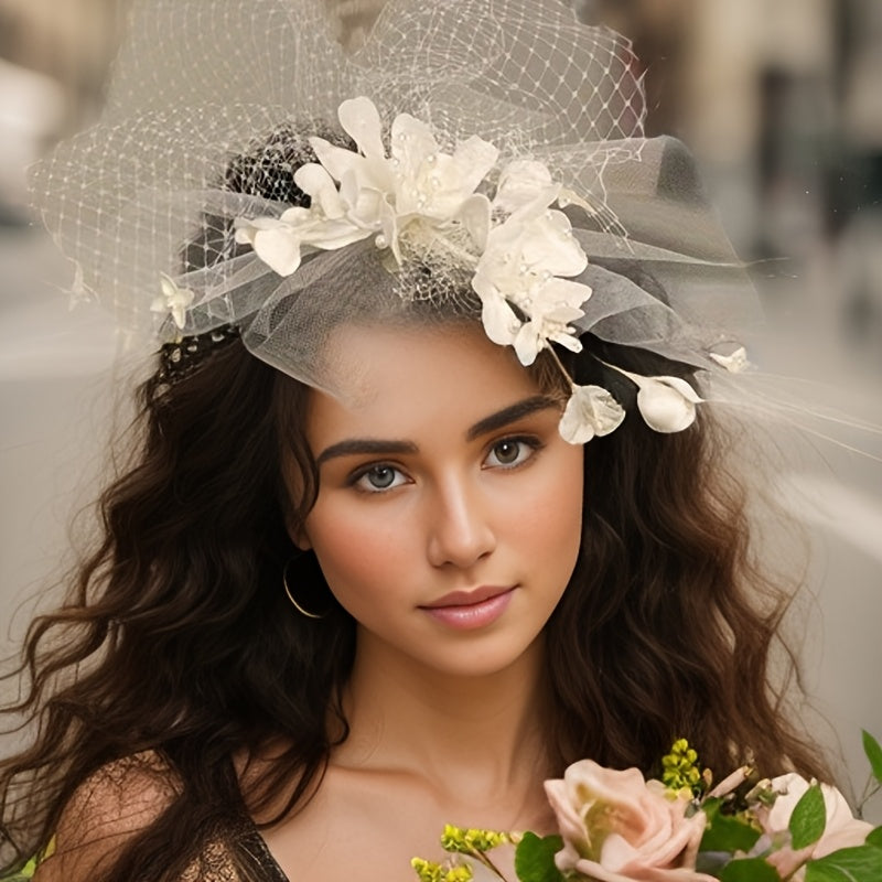 Bohemian Floral Mesh Bridal Headpiece with Veil