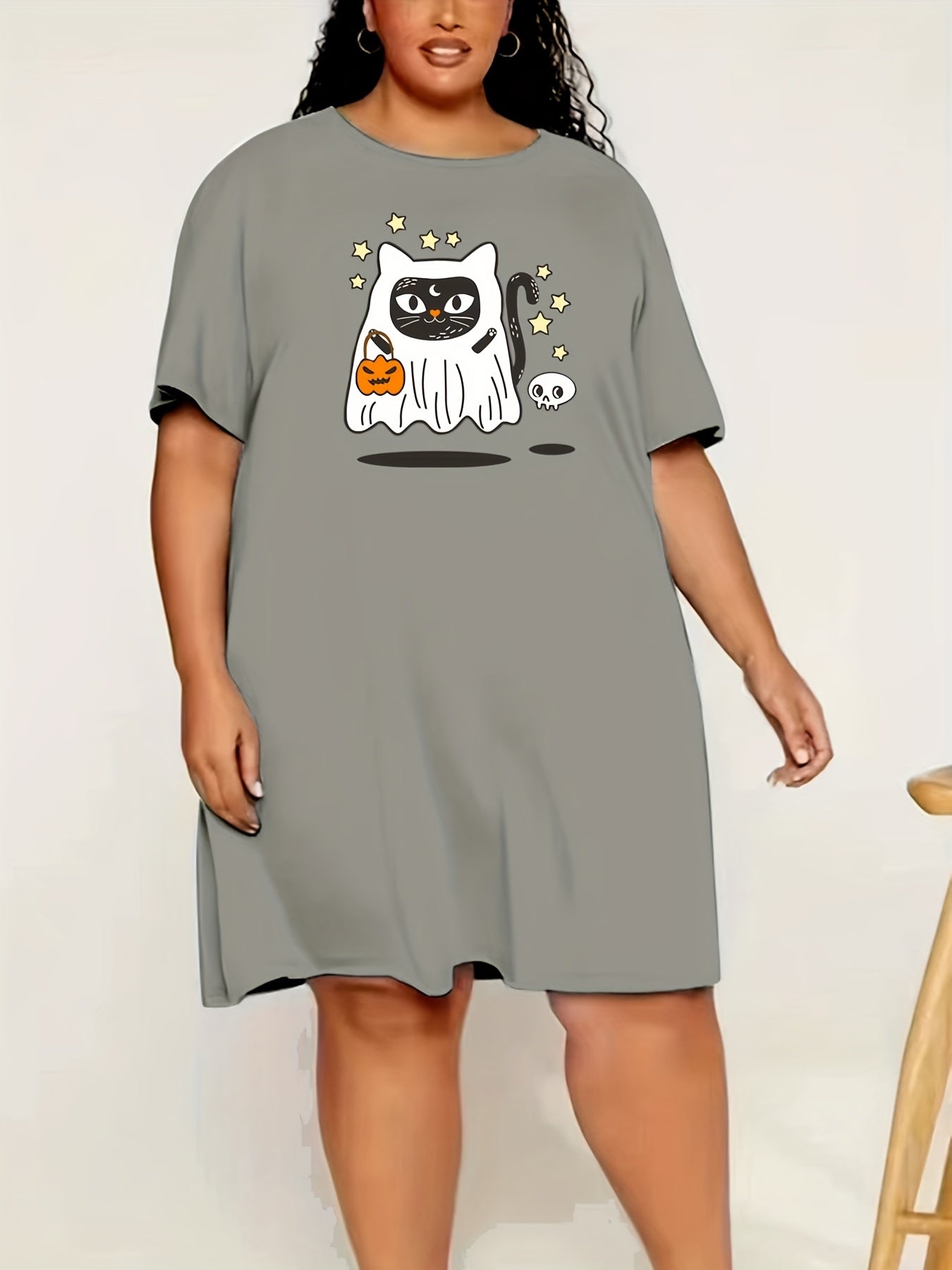 Halloween Dress Cat Ghost & Pumpkin Print Round Neck Nightdress