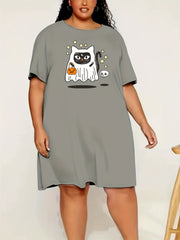 Halloween Dress Cat Ghost & Pumpkin Print Round Neck Nightdress
