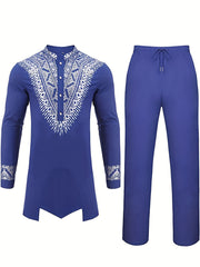 African 2 Piece Set Metallic Golden Pattern Print Cotton Dashiki Shirt And Pants