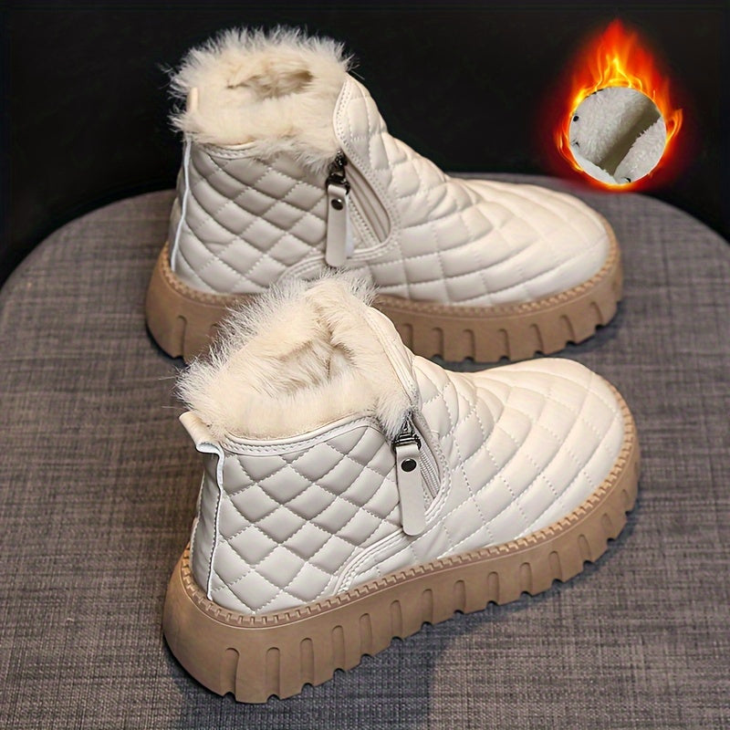 Women's Argyle Quilted Snow Boots Fleece Lining Zipper Platform Warm Ankle Boots