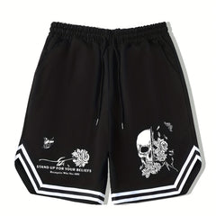 Men's Flower Skull Graphic Drawstring Shorts
