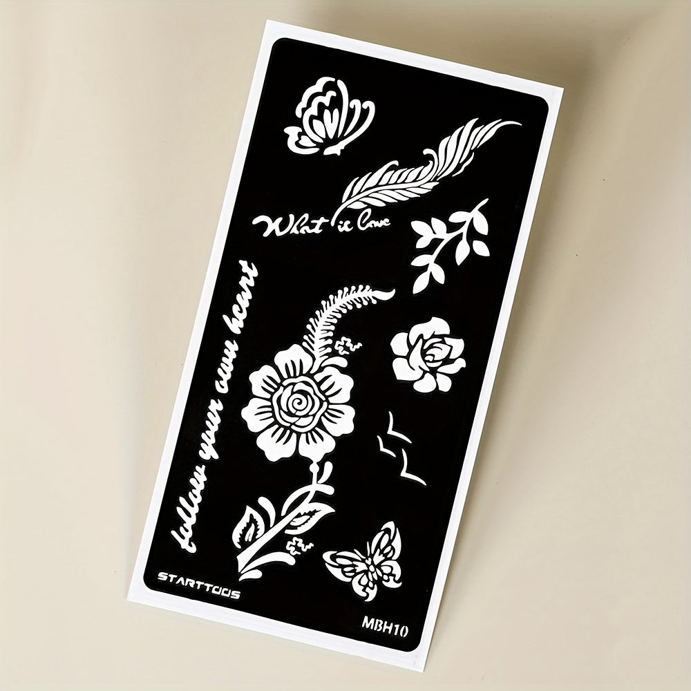 2 Sheets Hollow Juice Dye Paste Floral Feather Word Pattern Body Tattoo