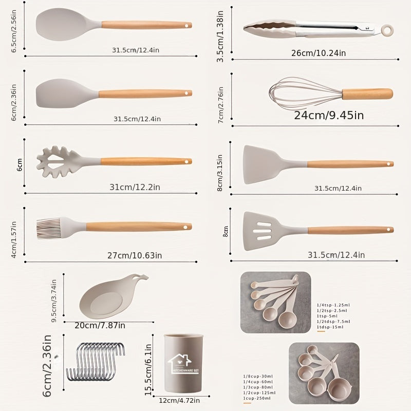 33pcs Wooden Handle Silicone Kitchenware Spoon Shovel Kitchen Gadgets Set